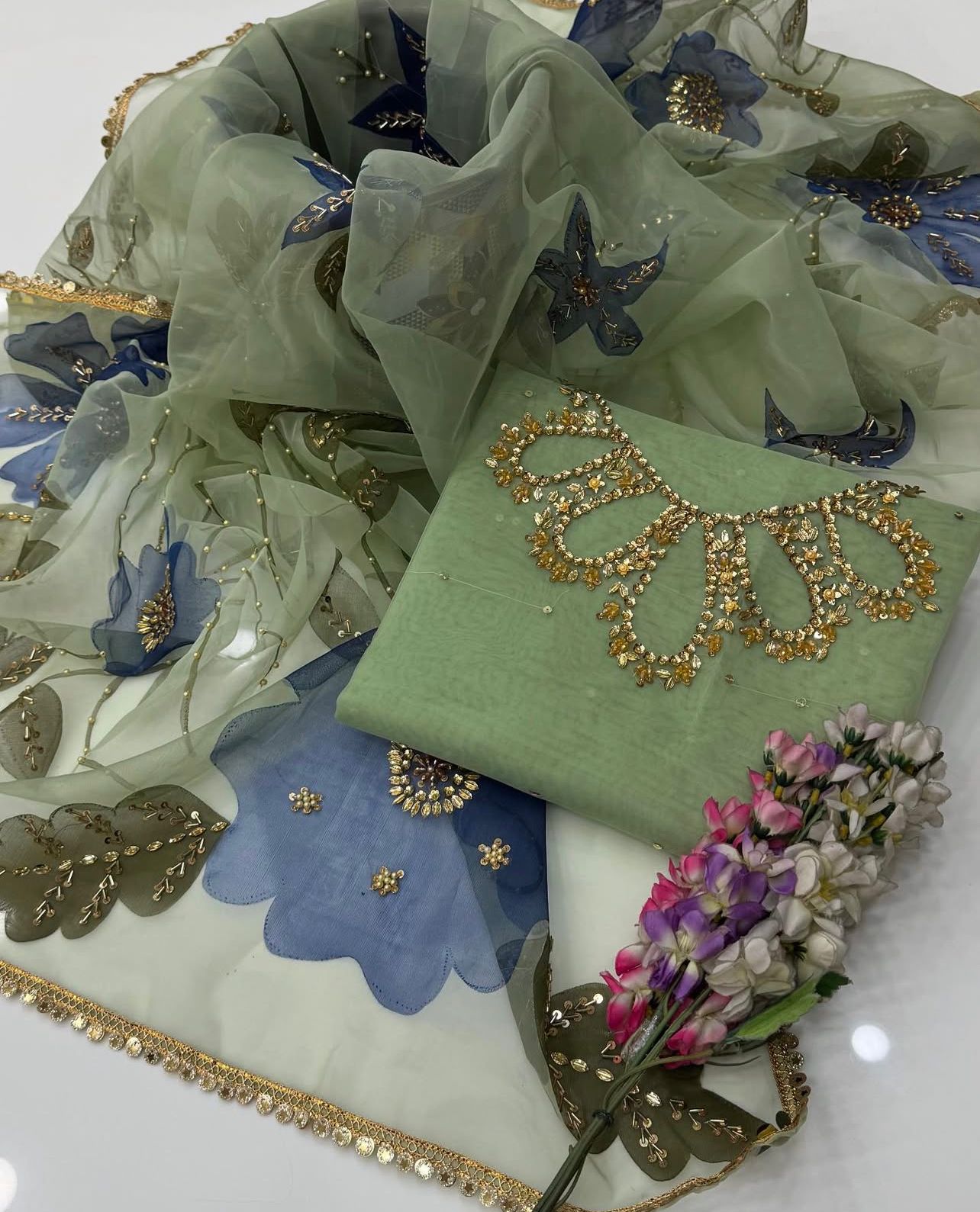 Unstitched Handwork Organza zari beads 2 pc